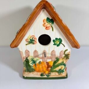 Hand Painted Ceramic BIRDHOUSE Decorative Harvest Leaves Pumpkin Glazed  8" Tall